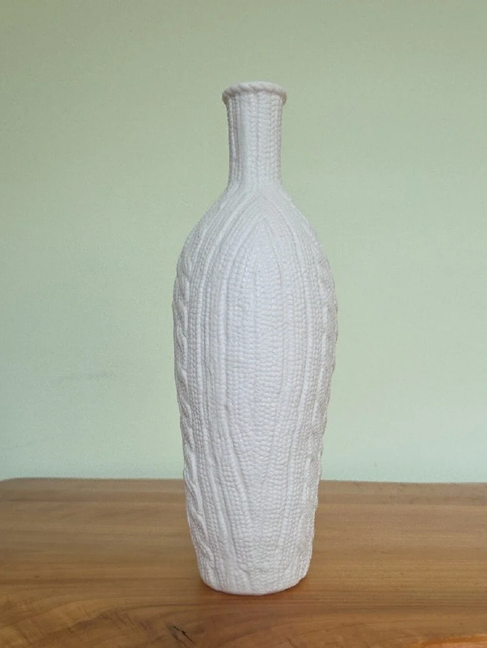 Crate & Barrel White Cable Knit Ceramic Bottle Vase | Tall Slender Vessel